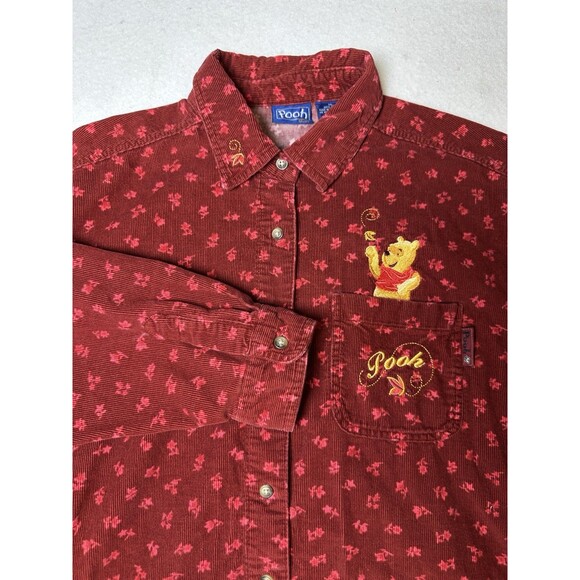 Disney Winnie The Pooh Red Embroidered Corduroy Button Up Fall Shirt Size XL - Picture 1 of 7
